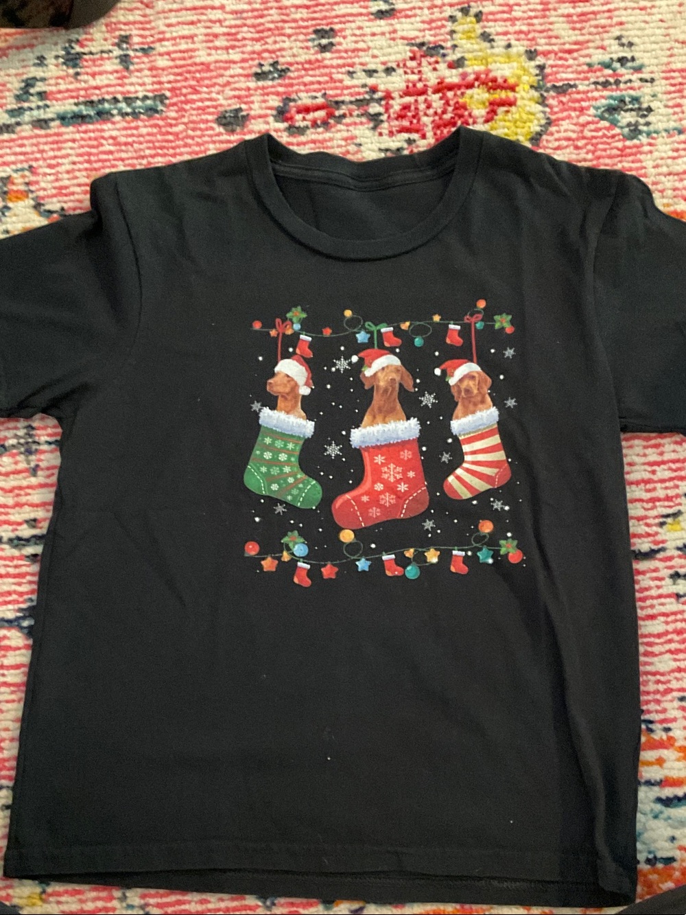 Black Kids Short Sleeve Tee with Dogs in Christmas Stockings